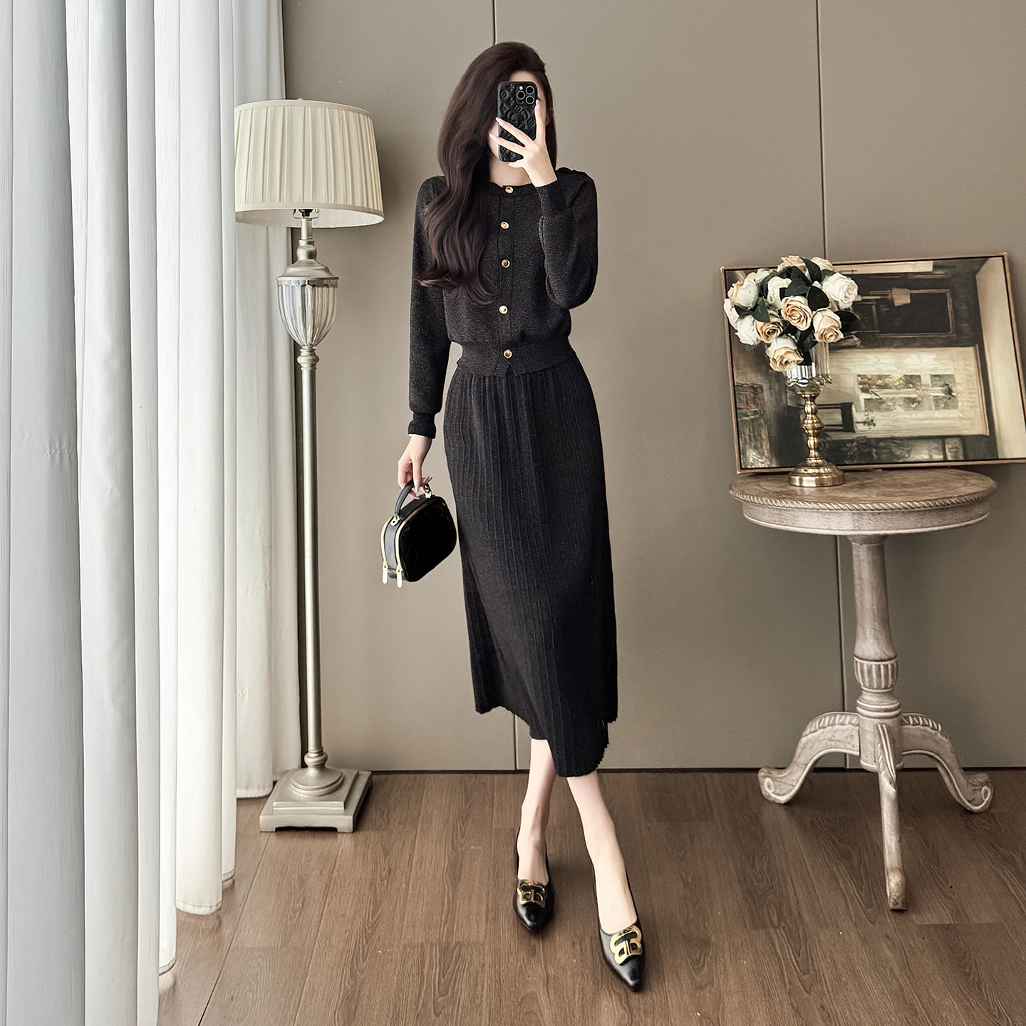 高级感黑色针织套装裙女秋冬气质通勤毛衣开衫半身裙超显瘦两件套,淘宝优惠券,粉丝福利购,淘宝优惠卷