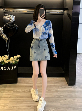 针织开衫打底衫高腰牛仔短裙套装