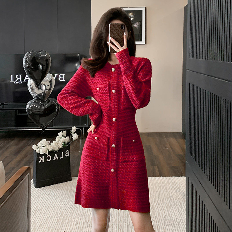 高级感红色小香风针织连衣裙女秋季新款本命年订婚回门礼服小红裙,淘宝优惠券,粉丝福利购,淘宝优惠卷
