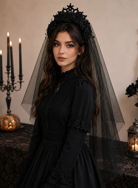 Halloween Gothic Crown Headband Black Veil Bridal Headpiece