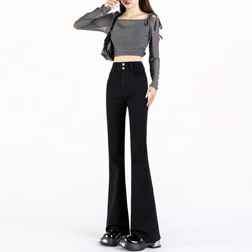 Черные джинсы, демисезонные штаны, приталенные эластичные штаны-клёш, облегающий крой, подходит для подростков