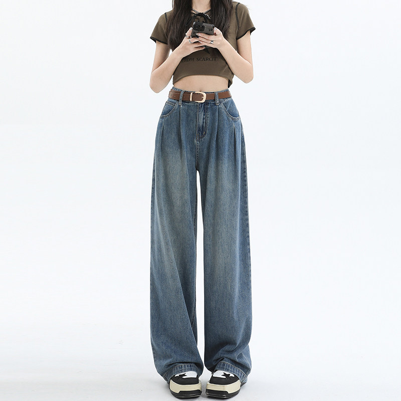 设计感褶皱阔腿牛仔裤女直筒宽松显瘦梨形身材拖地裤子2025爆款,淘宝优惠券,粉丝福利购,淘宝优惠卷