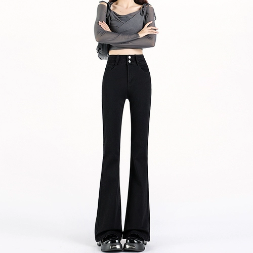 Черные джинсы, демисезонные штаны, приталенные эластичные штаны-клёш, облегающий крой, подходит для подростков