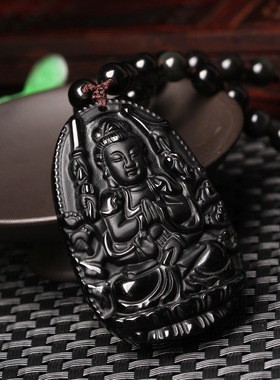 黑曜石十二生肖本命佛挂件千手观音吊坠男大势至文殊菩萨属马项链