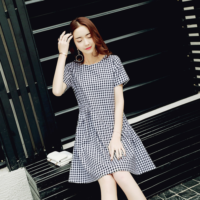 孕妈妈格子短袖夏装中长款连衣裙 himibaby连衣裙