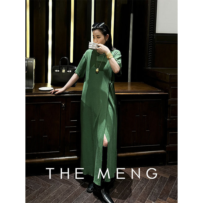 THEMENG 野趣 100棉短袖H直筒版型高腰显瘦圆领透气连衣裙女