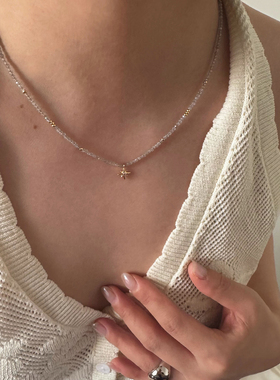 天然石闪亮米珠细串珠锁骨链