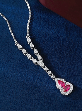 纯银镀白金女仿红宝石葫芦短项链
