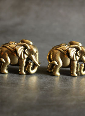 复古实心纯黄铜办公桌面车载小摆件福财大象随身工艺品手把玩件