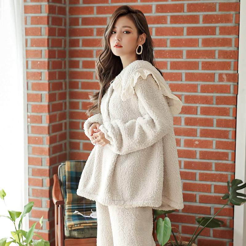 月子服秋冬季款加厚珊瑚绒孕妇睡衣 欧美妃家居服套装