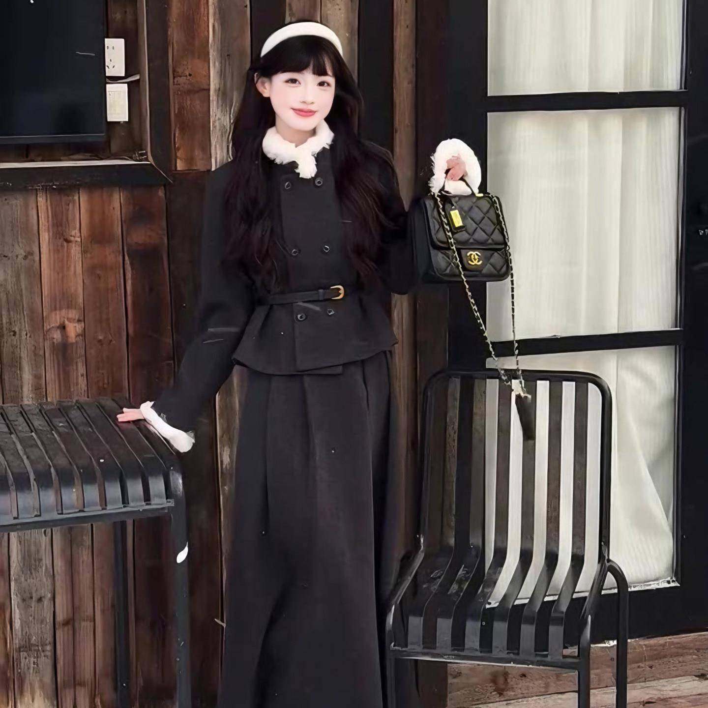 韩系富家千金小香风黑色毛呢子外套女秋冬高腰半身长裙子两件套装,淘宝优惠券,粉丝福利购,淘宝优惠卷