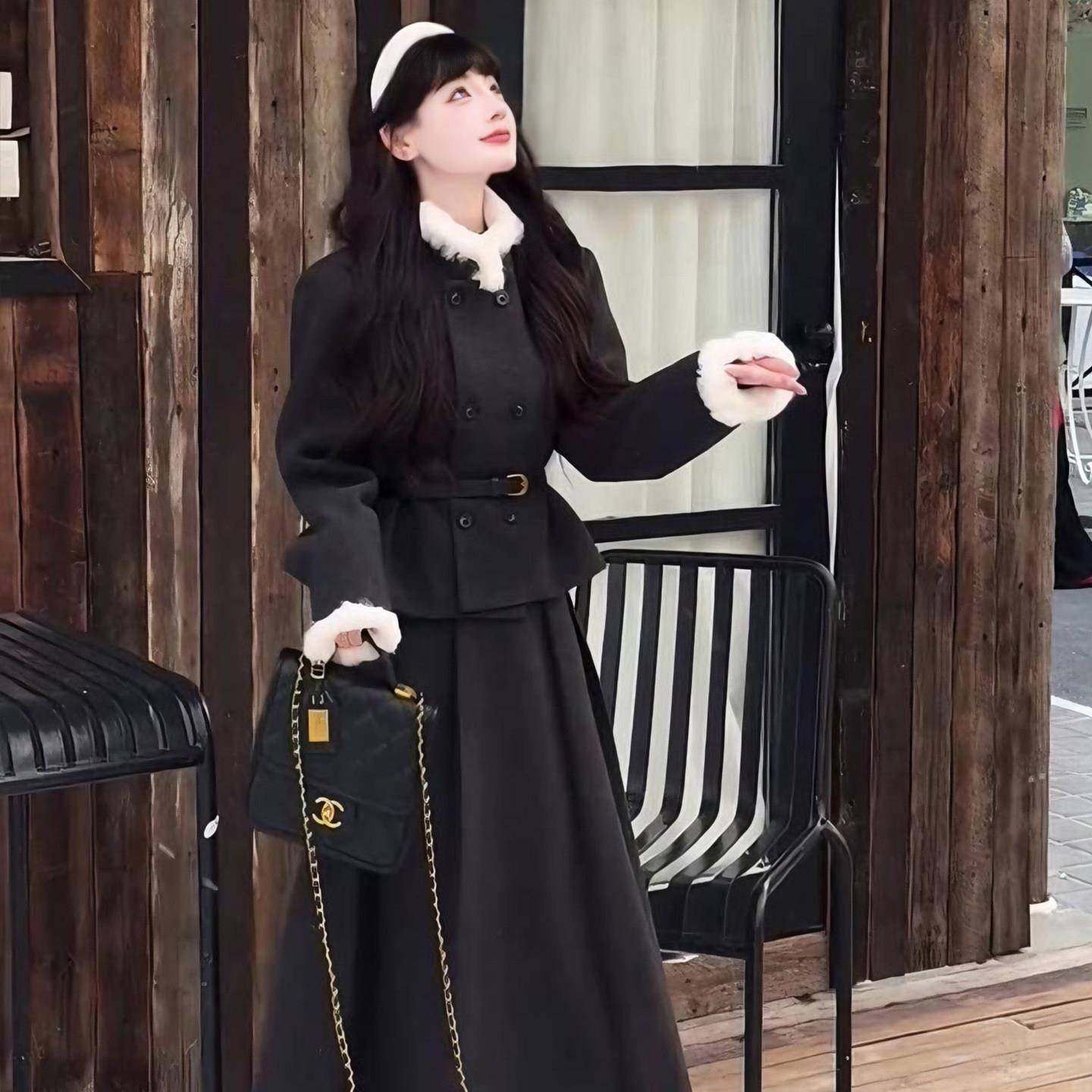 韩系富家千金小香风黑色毛呢子外套女秋冬高腰半身长裙子两件套装,淘宝优惠券,粉丝福利购,淘宝优惠卷