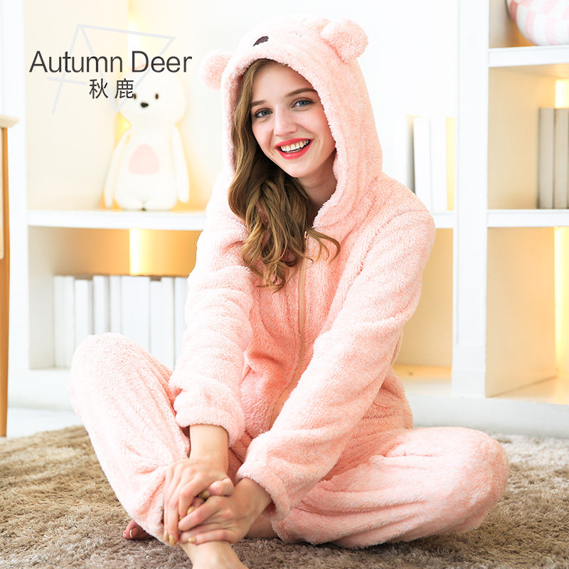 秋鹿秋冬季可爱卡通睡衣女珊瑚绒保暖长袖法兰绒家居服套装可外穿,淘宝优惠券,粉丝福利购,淘宝优惠卷
