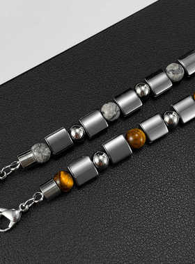 无性别穿搭!中性风黑胆石串珠地图石手链男个性情侣手串虎眼石珠