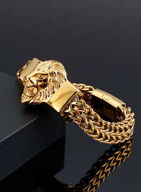 狮子王手链男款霸气个性鱼骨网状链条设计欧美时尚古巴链银色手链