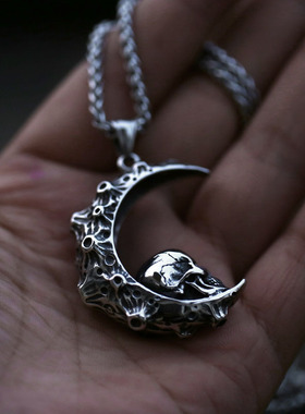 狂饰风钛钢龙骨链男月神骷髅吊坠