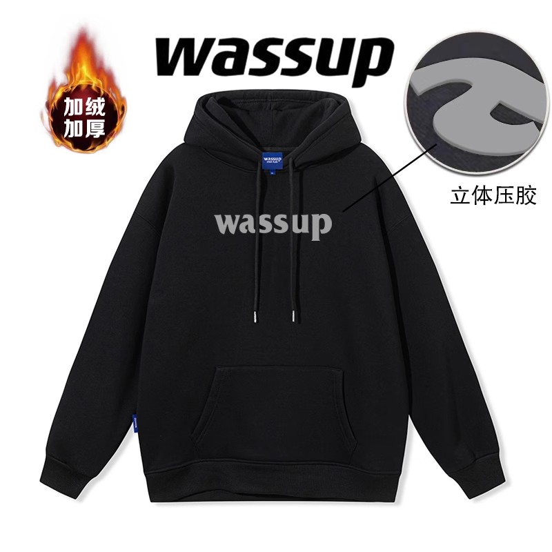 WASSUP美式潮牌字母立体印花连帽重磅卫衣男冬季加绒情侣宽松帽衫 - 图1