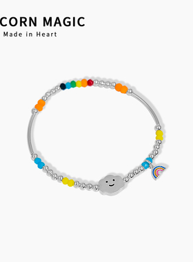 彩色串珠食指指环时尚个性纯银珍珠戒指韩ins女弹力松紧可调节潮