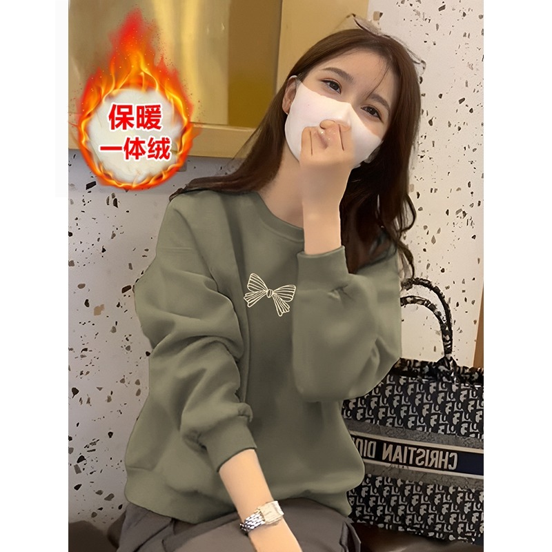 即墨酒红色纯棉卫衣女秋冬新款爆款韩系百搭圆领加绒加厚上衣外套 - 图2