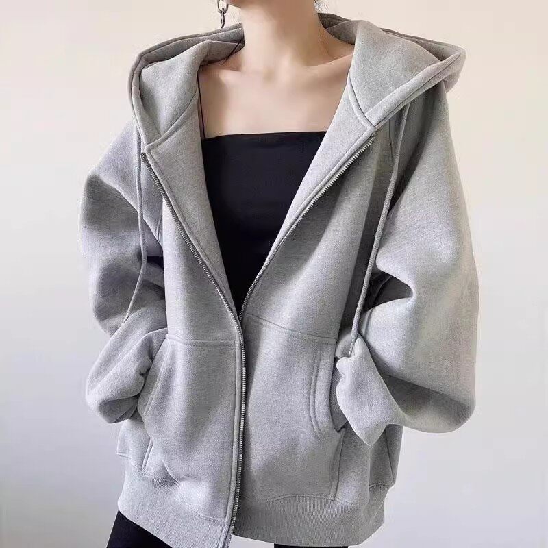 早秋纯棉藏青连帽开衫即墨卫衣女秋冬新款慵懒风宽松加绒女士外套