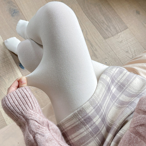 日系jk奶白色连裤袜秋冬加厚加绒白色打底袜女棉质显瘦米白色丝袜 - 图1
