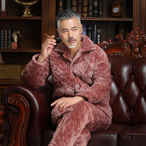 中老年人珊瑚绒睡衣冬三层加厚加绒夹棉保暖中年爸爸法兰绒家居服 - 图1