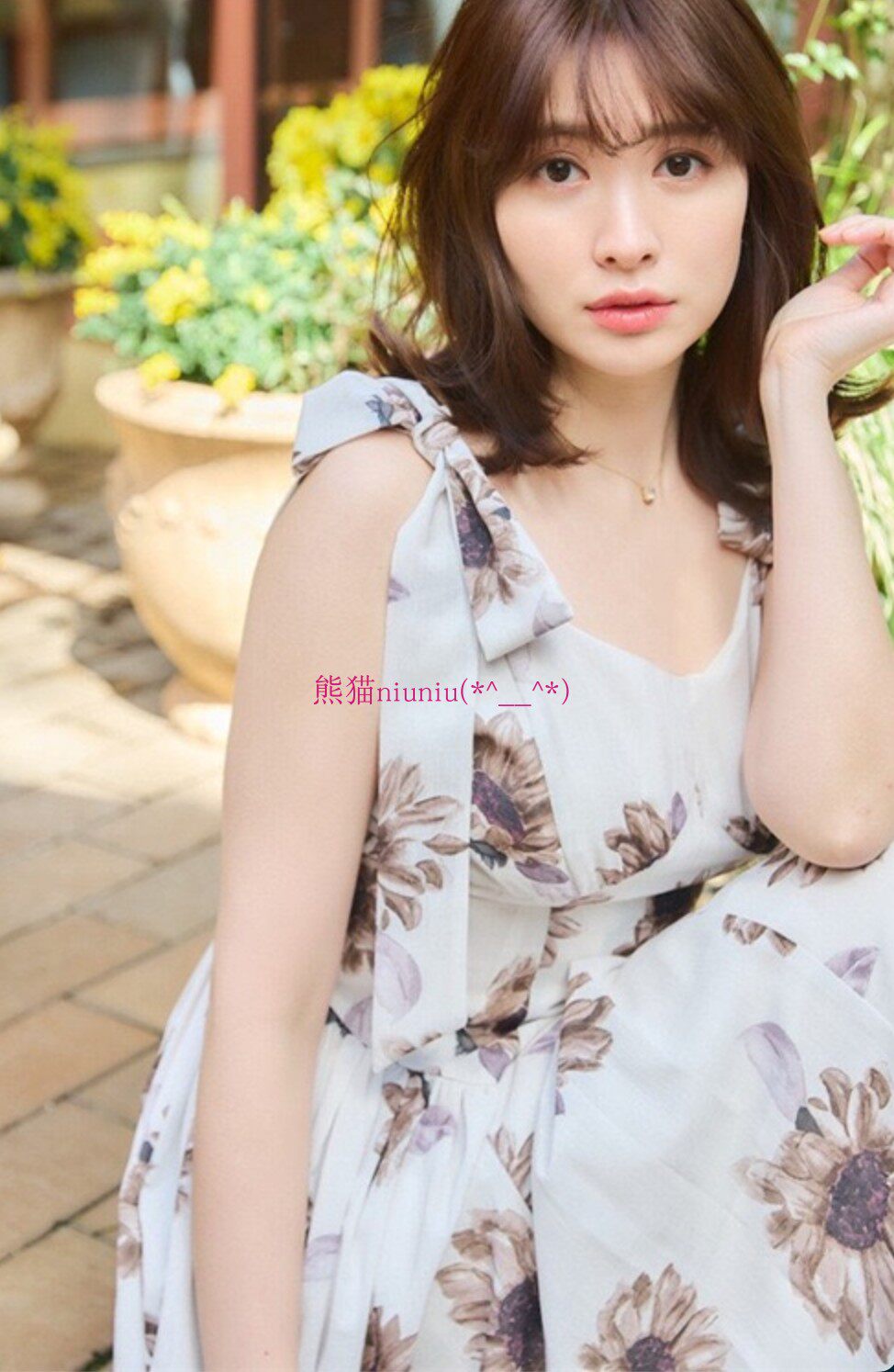 纯圆独家!夏日度假风~小岛阳菜 H家 向日葵印花蝴蝶结肩带连衣裙