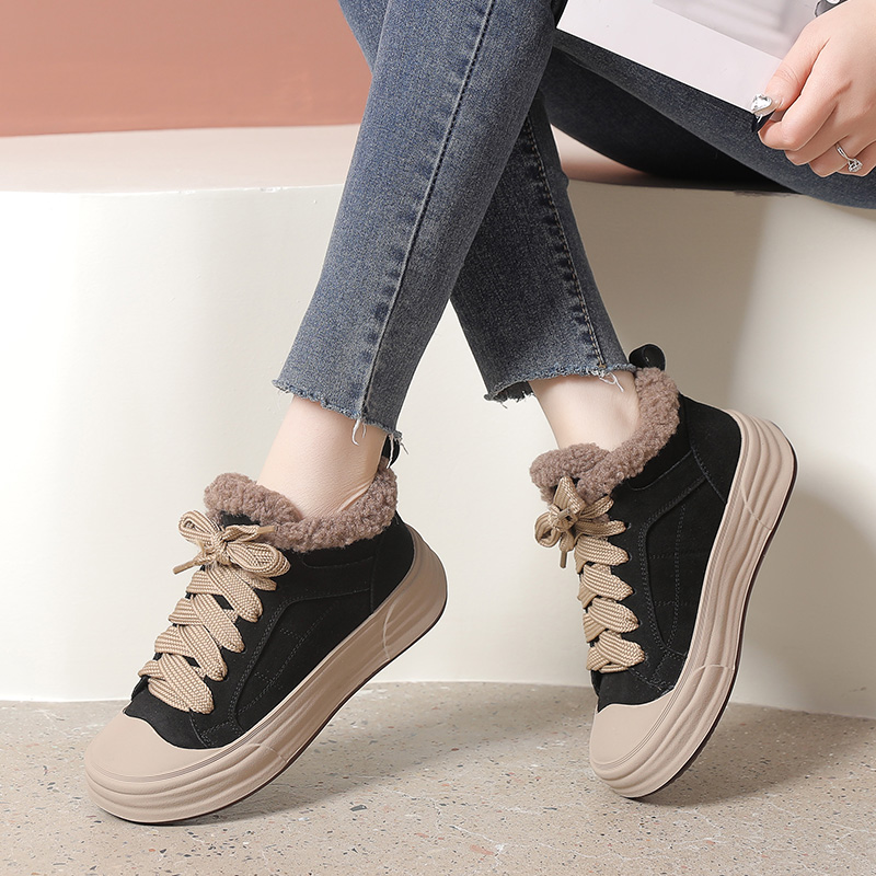 时尚真皮加绒棉鞋女冬季新款系带大码41休闲鞋软底学生鞋毛毛鞋43 - 图2