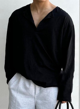Men's Henley slouchy irregular loose long-sleeved T-shirt