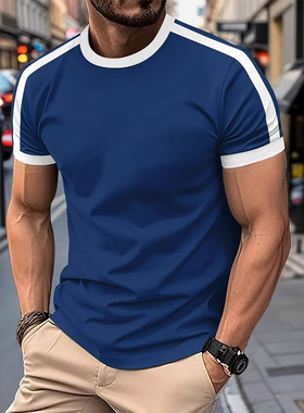 Men's T-shirt 2026欧美男装休闲短袖运动健身撞色男式T恤潮上衣