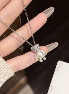 s925纯银天然淡水珍珠小熊项链女可爱轻奢高级感锁骨链送女友礼物