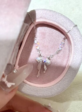 通体s925纯银爱心蝴蝶结项链女小众设计感甜美粉蝴蝶结锁骨链颈链