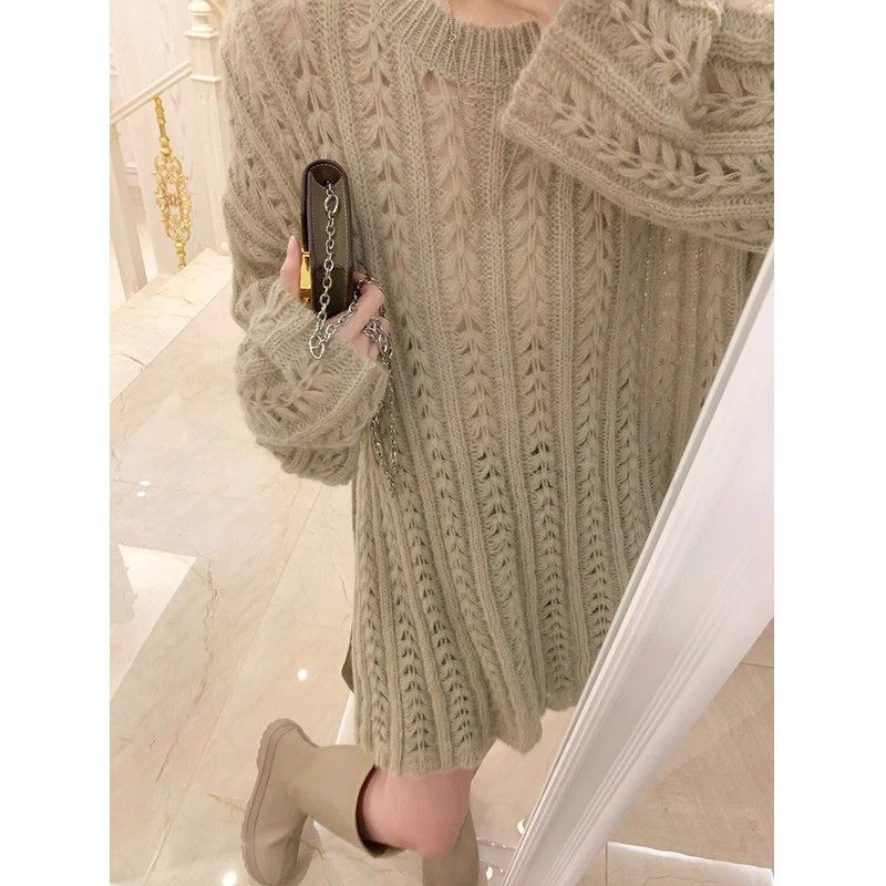 100%山羊绒毛衣女镂空中长款长袖针织宽松显瘦时尚慵懒开叉打底衫,淘宝优惠券,粉丝福利购,淘宝优惠卷