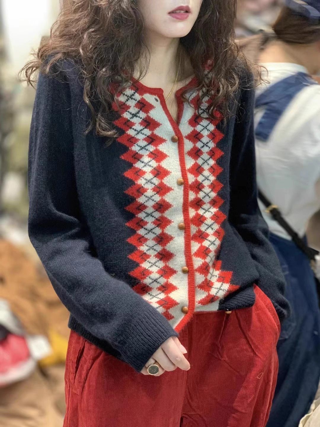 秋冬新款气质菱形格纹100%纯山羊绒开衫女英伦风简约针织毛衣外套,淘宝优惠券,粉丝福利购,淘宝优惠卷