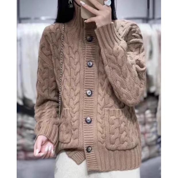 100%山羊绒针织开衫女重工八股加厚2025秋冬新款复古麻花毛衣外套 - 图2