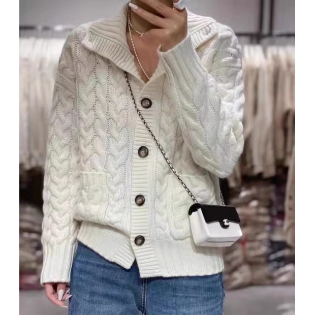 100%山羊绒针织开衫女重工八股加厚2025秋冬新款复古麻花毛衣外套 - 图1