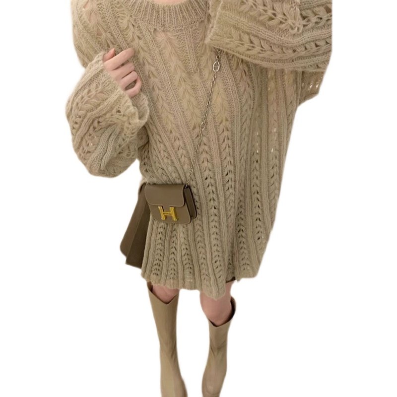 100%山羊绒毛衣女镂空中长款长袖针织宽松显瘦时尚慵懒开叉打底衫,淘宝优惠券,粉丝福利购,淘宝优惠卷