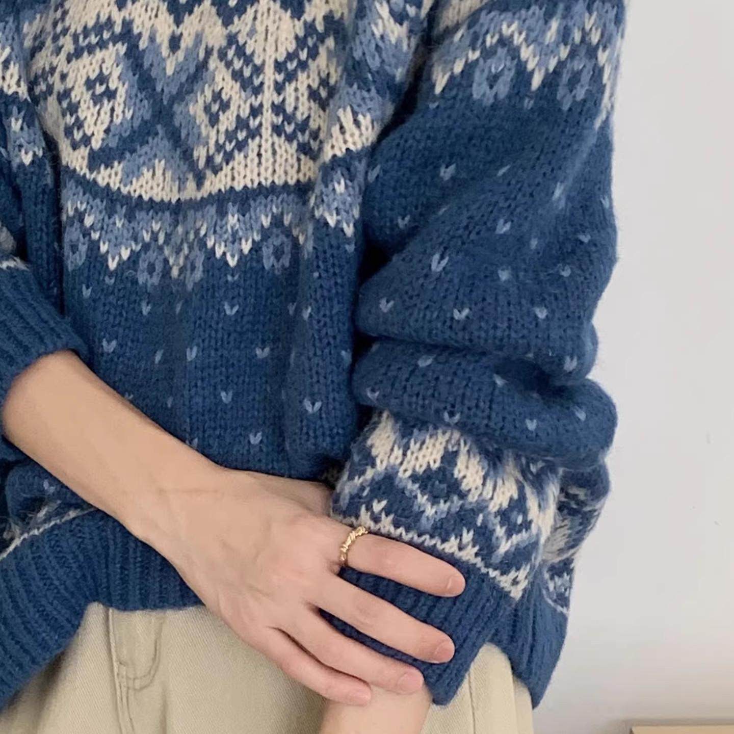 100%山羊绒复古费尔岛毛衣女2025秋冬新款宽松大码加厚针织打底衫,淘宝优惠券,粉丝福利购,淘宝优惠卷