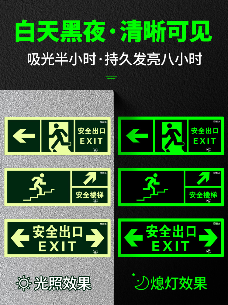 安全出口通道地贴指示牌消防标识标牌夜光直行墙贴紧急逃生楼梯通道疏散自发光警示地标贴提示左右转箭头贴纸 - 图0