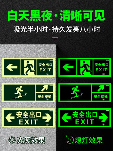 安全出口指示牌通道地贴消防标识标牌夜光直行墙贴紧急逃生楼梯通道疏散自发光警示地标贴提示左右转箭头贴纸 - 图0