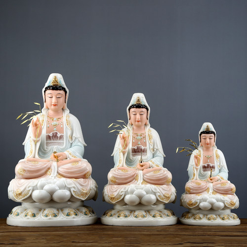 圆通佛具 彩釉镶金汉白玉观音佛像 供奉 家用观世音菩萨玉石摆件 - 图1