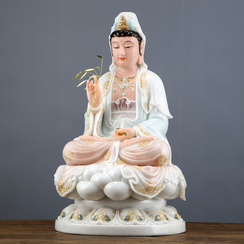 圆通佛具 彩釉镶金汉白玉观音佛像 供奉 家用观世音菩萨玉石摆件 - 图0