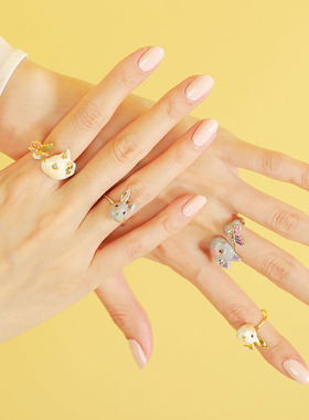 可爱兔子开口戒指女活口单身食指戒子小众设计个性饰品学生儿童