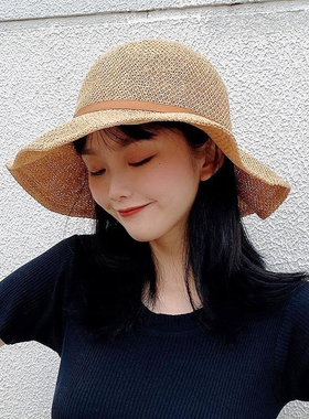 中餐厅姜妍同款草帽蝴蝶结波浪边大沿透气帽女遮阳帽子韩版荷叶边