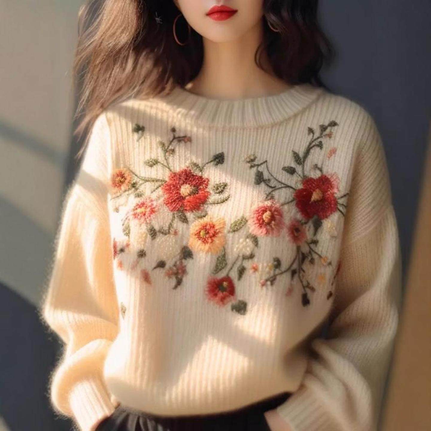 高端重工刺绣100%纯山羊绒毛衣女2025秋冬新款加厚宽松针织打底衫,淘宝优惠券,粉丝福利购,淘宝优惠卷