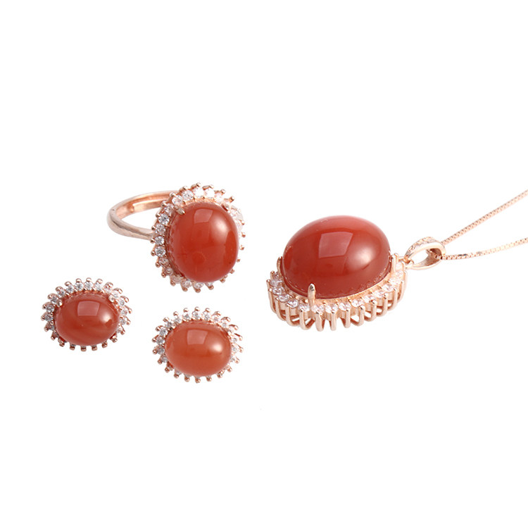 送妈妈高端南红三件套项链戒指耳钉 豆豆龙饰品项链