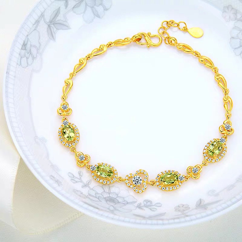 镀黄金女款橄榄石珠宝沙金镀金手链 豆豆龙饰品项链