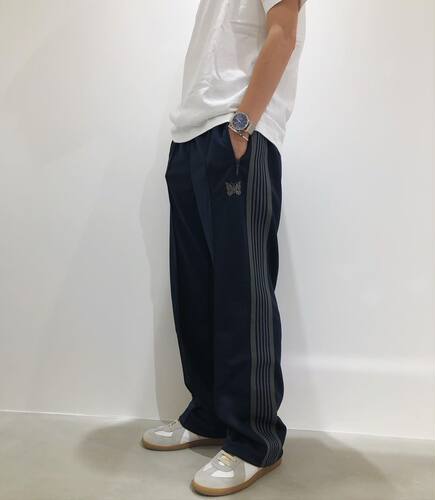 Needles小众潮牌运动休闲男女同款复古蝴蝶刺绣条纹织带直筒长裤 - 图0