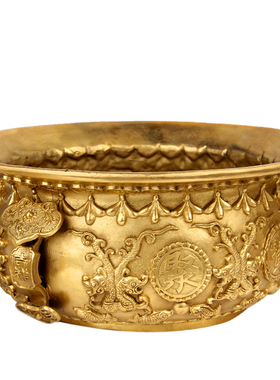 朴器 黄铜款铜双龙开口聚宝盆摆件