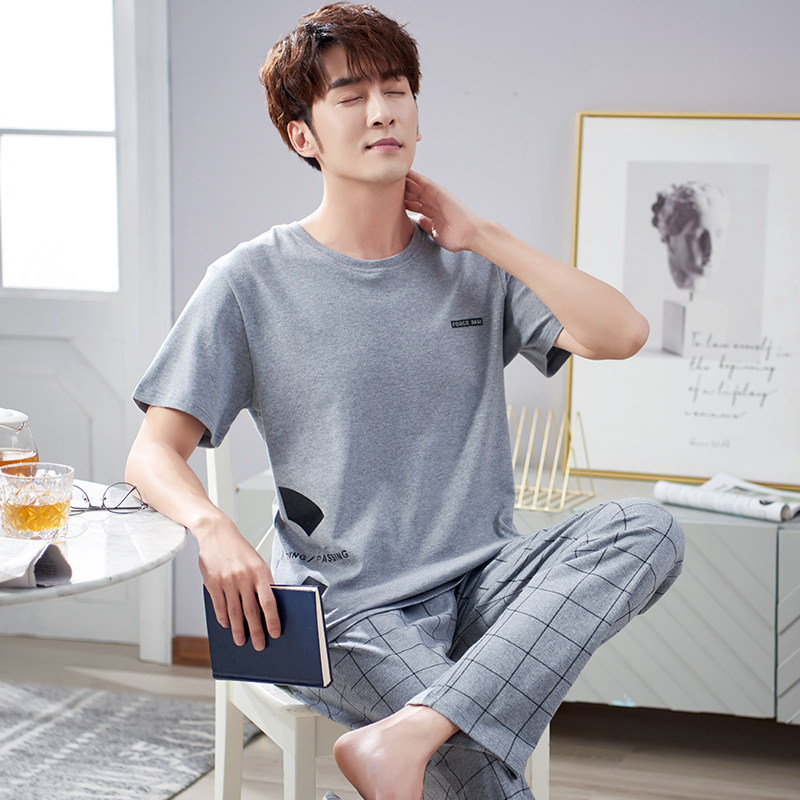 男士夏季纯棉短袖长裤男款宽松睡衣 邦朵睡衣/家居服套装